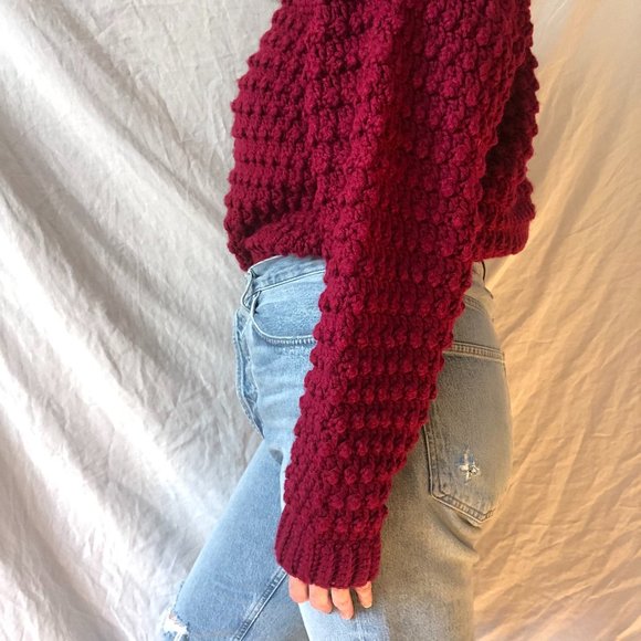 Vtg Hand Knit Bobble Pompom Popcorn Wool Sweater - Picture 13 of 16